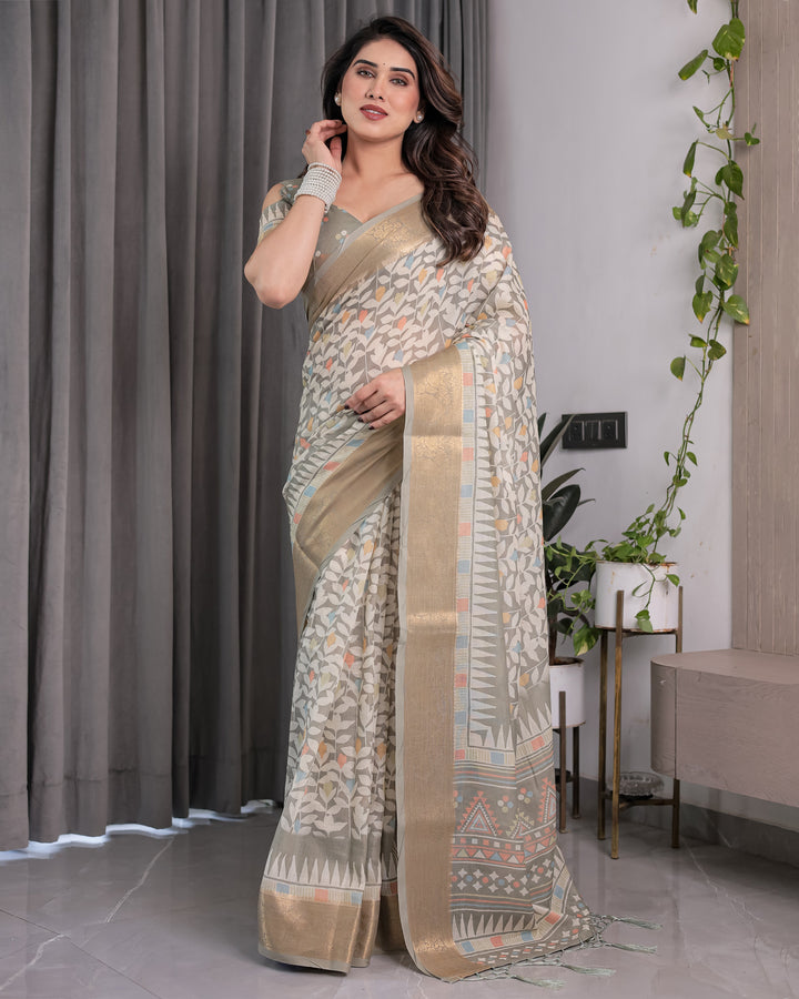 Ivory Beige Handloom Linen Saree with Multicolor Leaf Print & Tribal Geometric Pallu | Zari Border | 5.5m Saree + 0.8m Blouse with Tassels