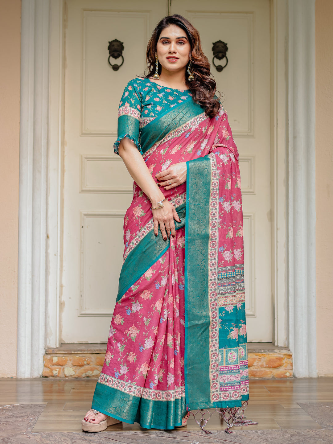 Rani Pink & Teal Green Floral Printed Saree with Rich Zari Border & Tassels – Festive Traditional Wear