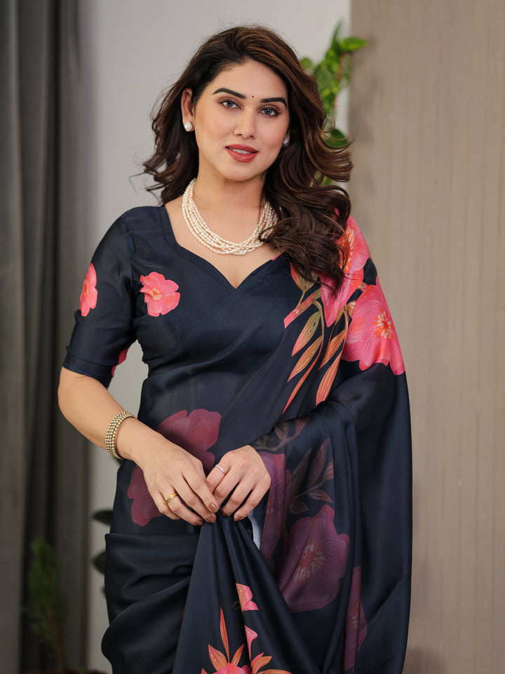 Midnight Navy Blue Satin Georgette Floral Printed Saree with Attached Blouse – Elegant Rose Bloom Designer Drape