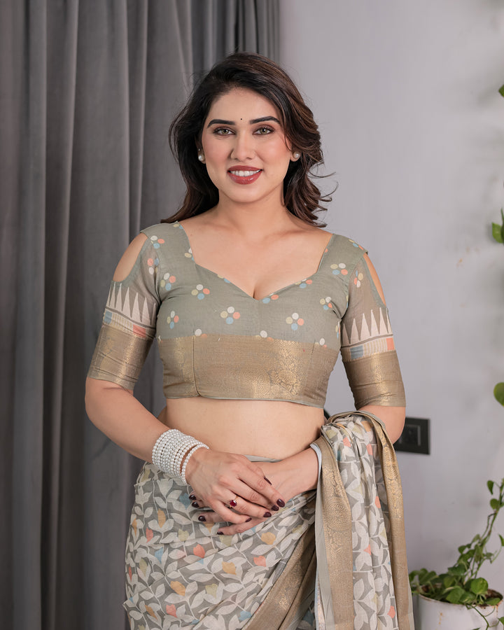 Ivory Beige Handloom Linen Saree with Multicolor Leaf Print & Tribal Geometric Pallu | Zari Border | 5.5m Saree + 0.8m Blouse with Tassels