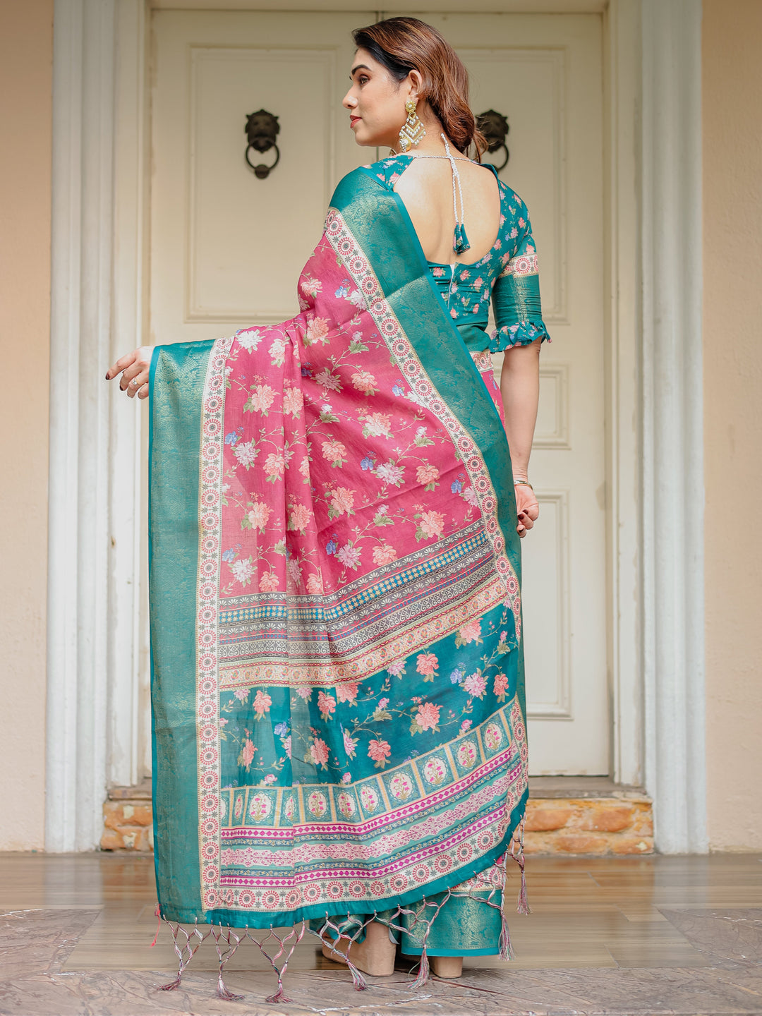 Rani Pink & Teal Green Floral Printed Saree with Rich Zari Border & Tassels – Festive Traditional Wear