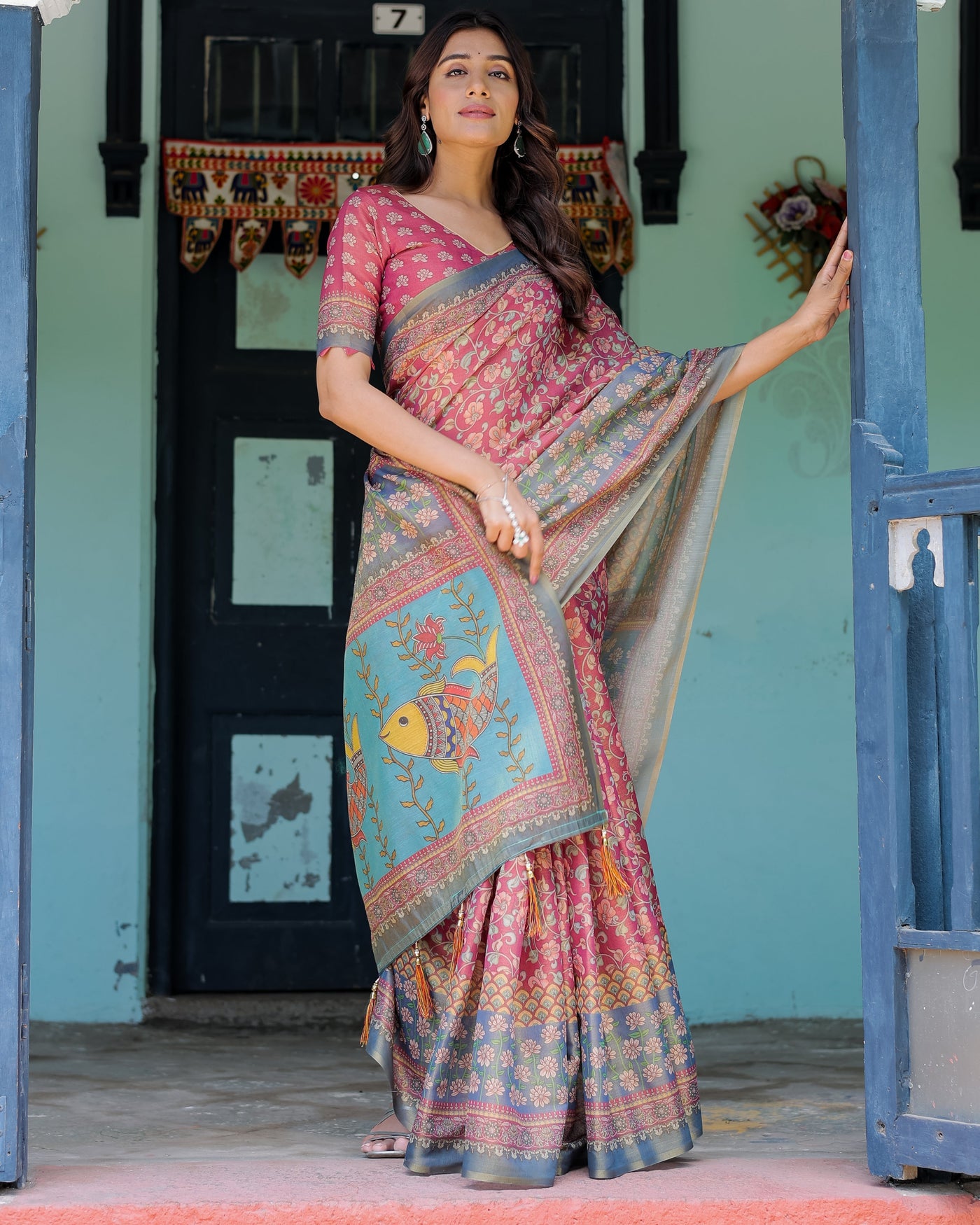 Rosewood Red Handloom Cotton Saree with Artistic Fish Pallu & Floral Vine Print