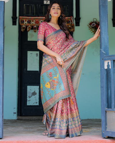 Rosewood Red Handloom Cotton Saree with Artistic Fish Pallu & Floral Vine Print