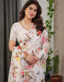Ivory White Satin Georgette Floral Printed Saree with Multicolor Botanical Design & Attached Blouse – Soft Elegant Designer Drape