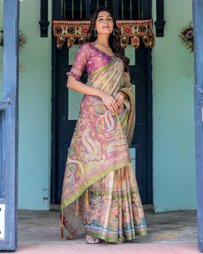 Ivory & Violet Handloom Cotton Saree with Royal Procession & Tree of Life Pallu