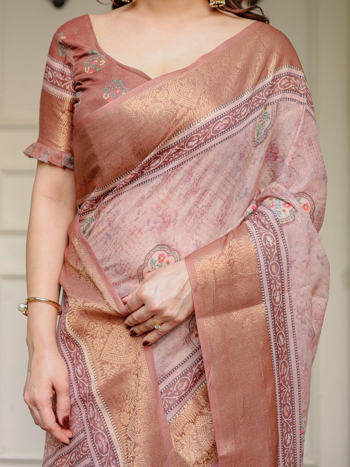Dusty Peach & Copper Zari Woven Saree with Pastel Motifs & Tassels – Elegant Festive Traditional Wear