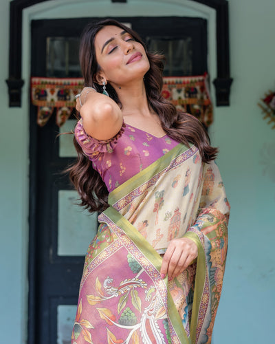 Ivory & Violet Handloom Cotton Saree with Royal Procession & Tree of Life Pallu