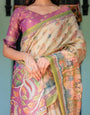 Ivory & Violet Handloom Cotton Saree with Royal Procession & Tree of Life Pallu