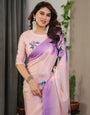 Lavender Pink Satin Georgette Floral Printed Saree with Ombre Border & Attached Blouse – Soft Pastel Designer Elegance
