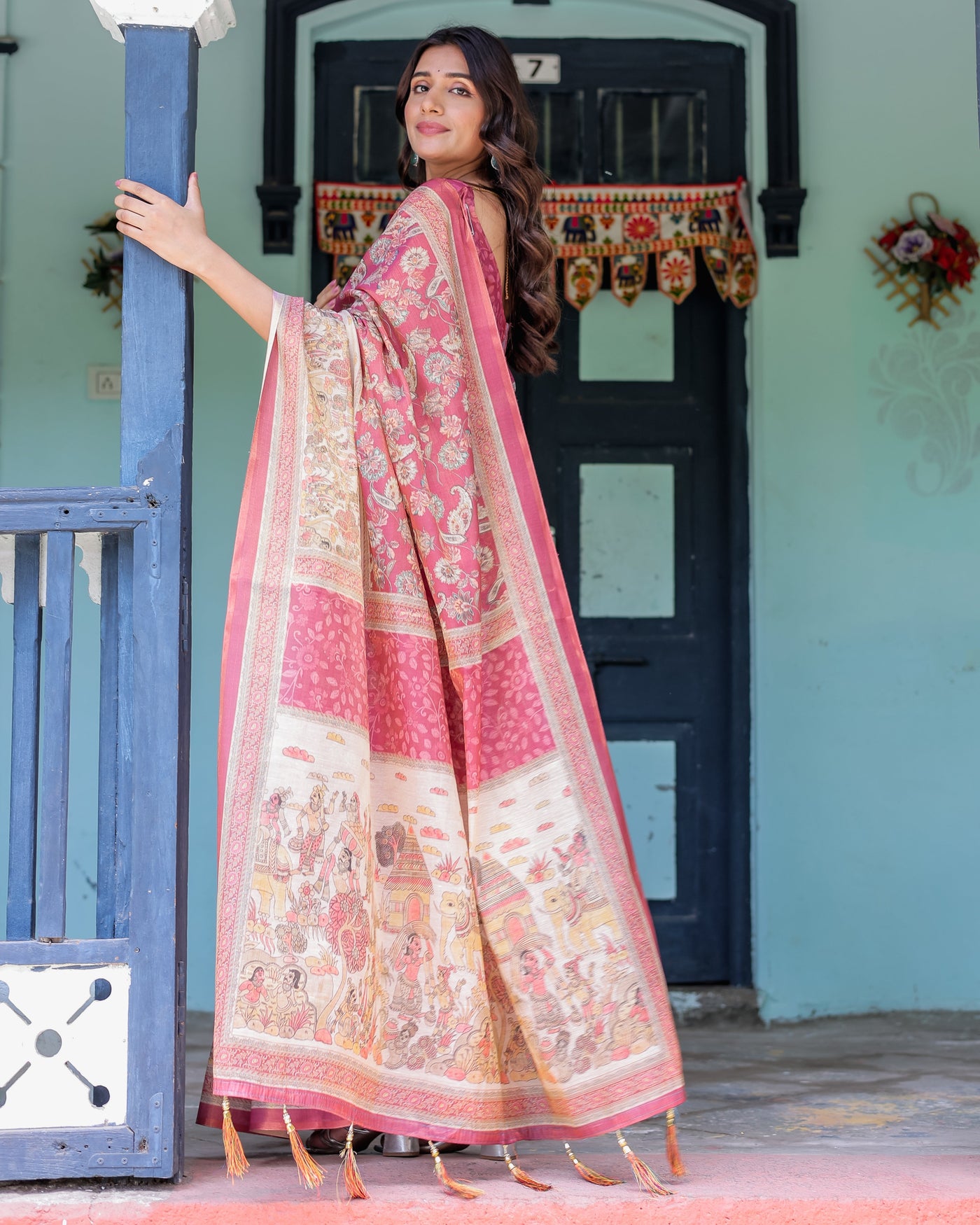 Maroon Rose Pink Handloom Cotton Saree with Traditional Procession Print & Floral Vine Motifs