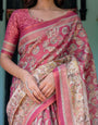 Maroon Rose Pink Handloom Cotton Saree with Traditional Procession Print & Floral Vine Motifs