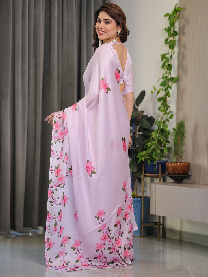 Blush Pink Satin Georgette Floral Printed Saree with Attached Blouse – Soft Cherry Blossom Designer Drape