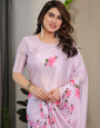 Blush Pink Satin Georgette Floral Printed Saree with Attached Blouse – Soft Cherry Blossom Designer Drape