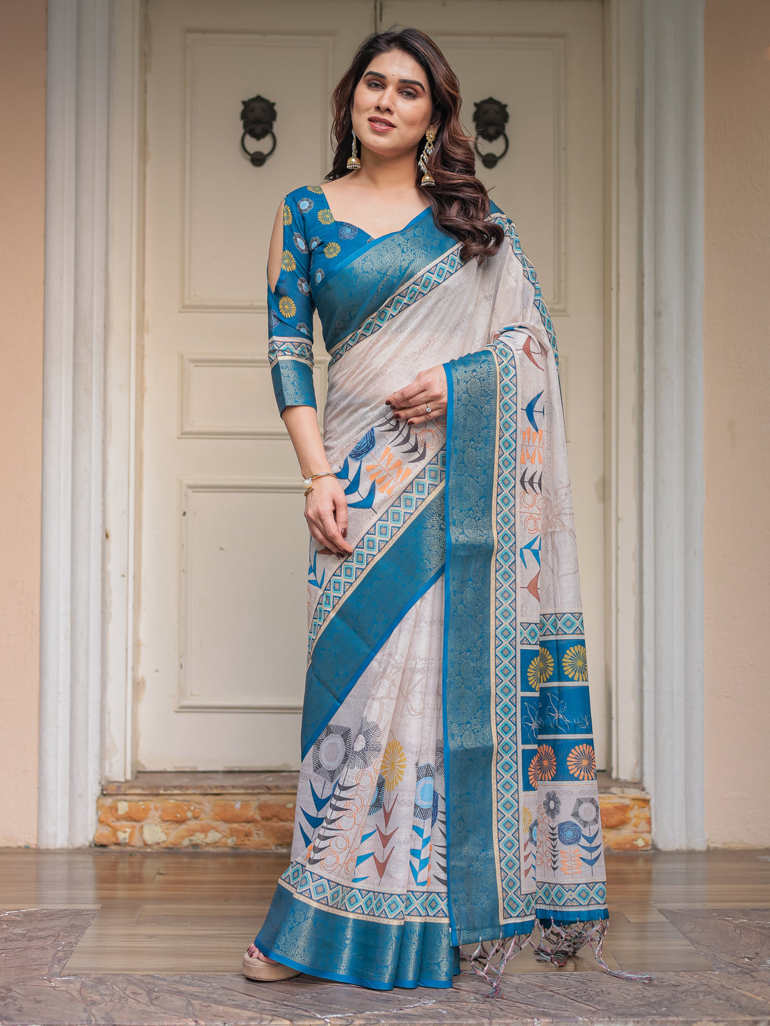 Teal Blue Handloom Cotton Printed Saree with Ethnic Panel Pallu, Woven Border & Tassels – Traditional Festive Wear