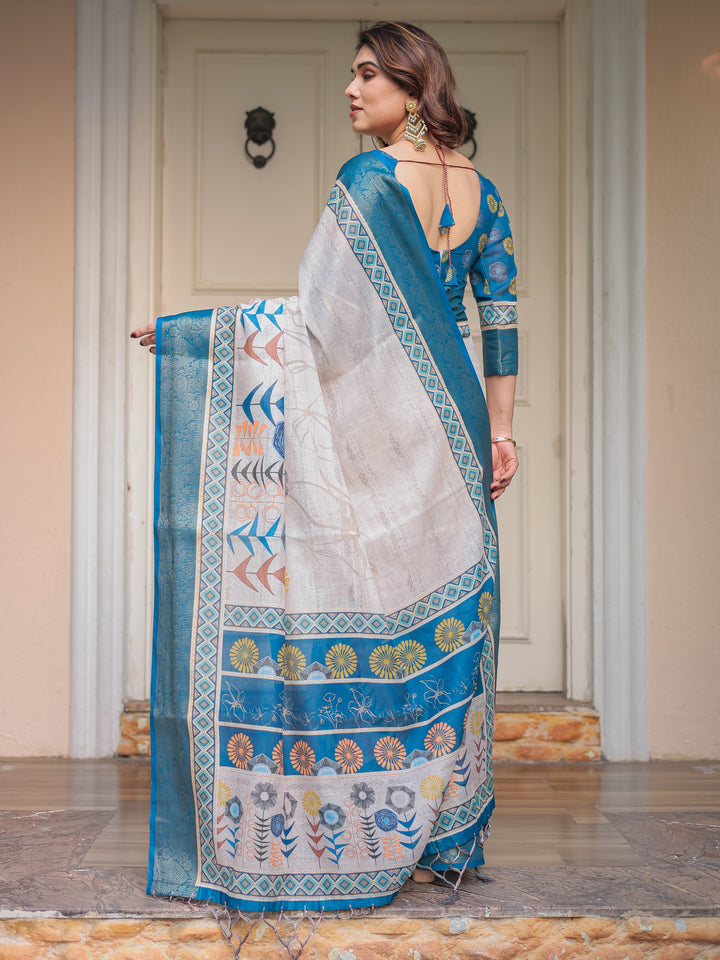 Teal Blue Handloom Cotton Printed Saree with Ethnic Panel Pallu, Woven Border & Tassels – Traditional Festive Wear