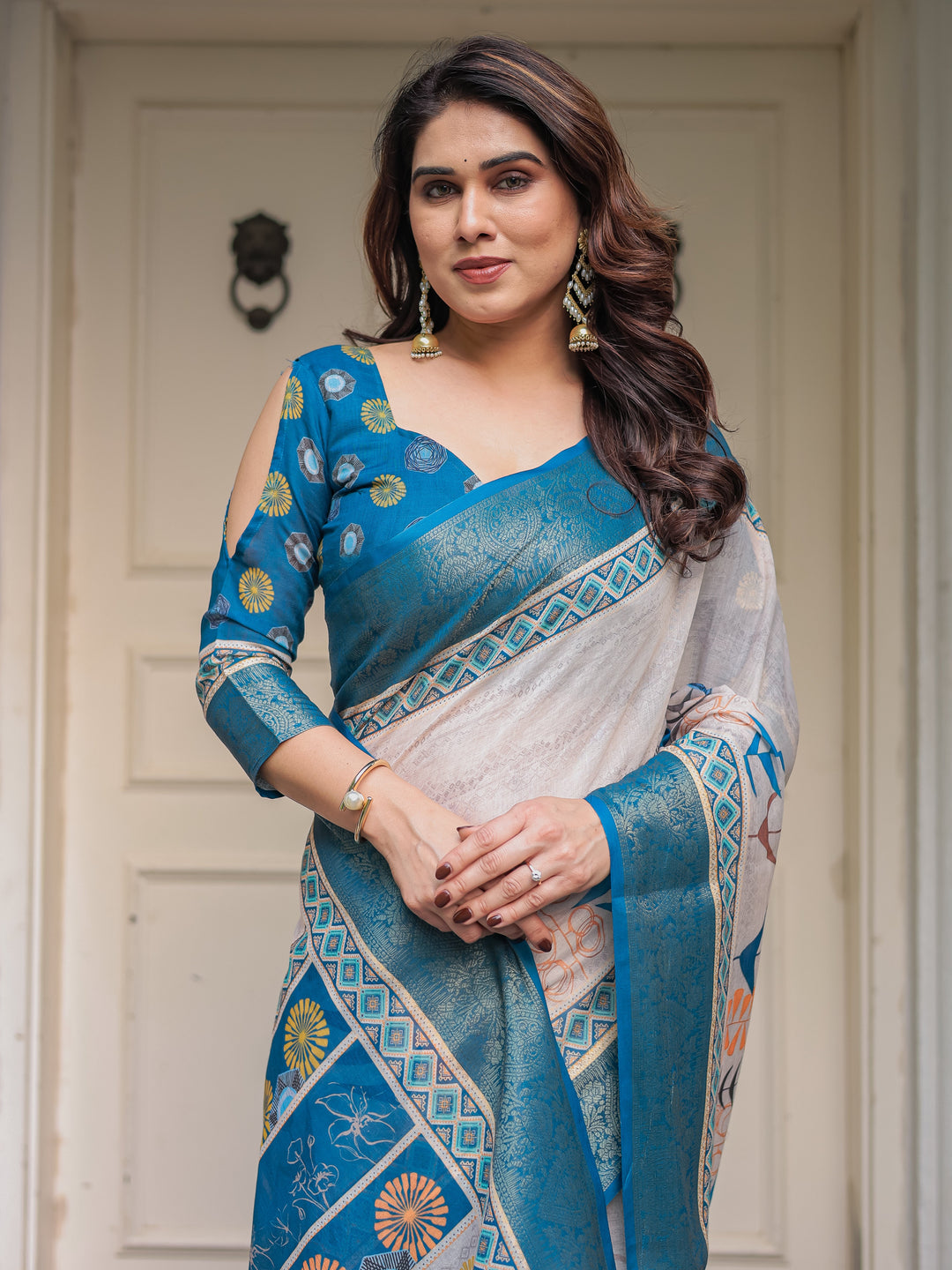 Teal Blue Handloom Cotton Printed Saree with Ethnic Panel Pallu, Woven Border & Tassels – Traditional Festive Wear