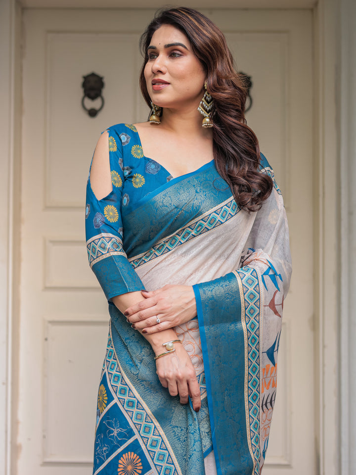 Teal Blue Handloom Cotton Printed Saree with Ethnic Panel Pallu, Woven Border & Tassels – Traditional Festive Wear