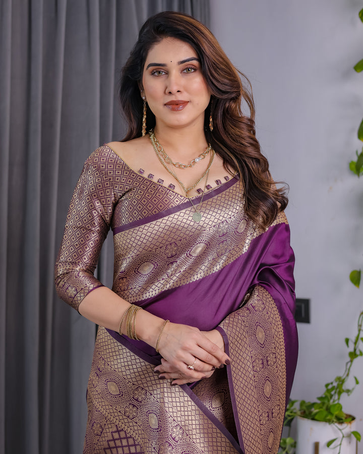 Royal Purple Pure Kanjivaram Silk Saree with Golden Zari Border & Rich Pallu – 5.5m Saree + 0.8m Blouse Piece