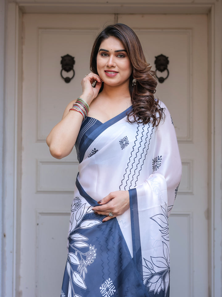 Grey & Ivory Floral Printed Satin Georgette Saree with Matching Blouse – Elegant Contemporary Party Wear