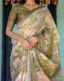 Olive Green & Ivory Handloom Cotton Saree with Lotus Blooms and Royal Elephant Motifs