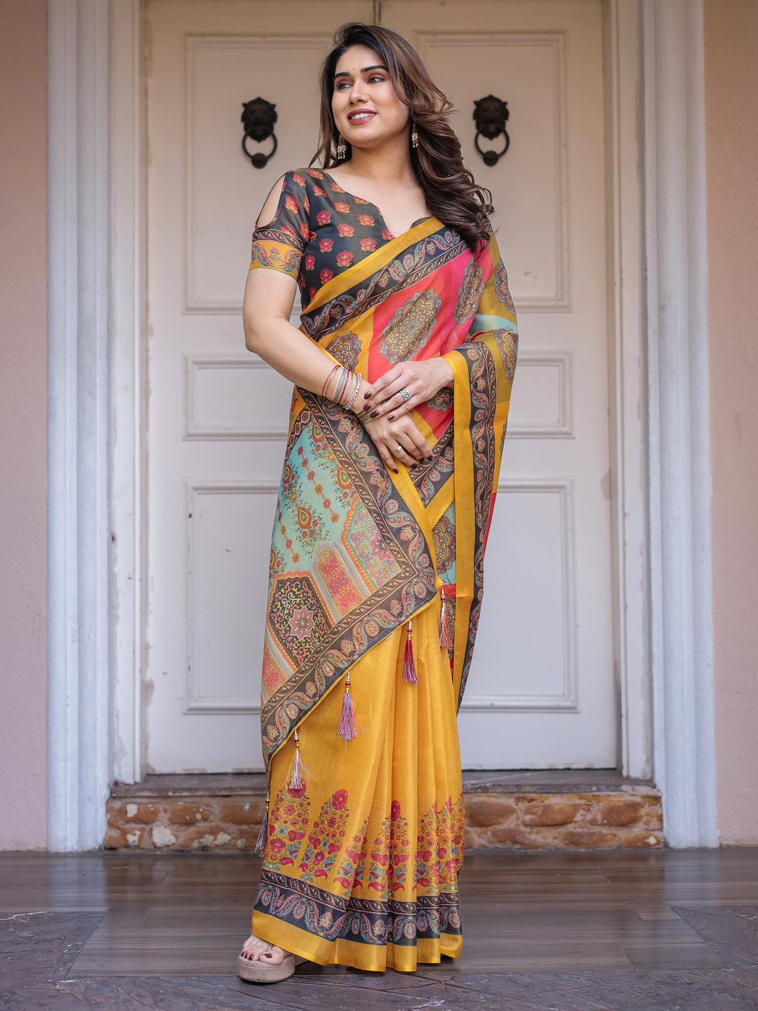 Mustard Yellow Multicolor Panel Printed Handloom Cotton Saree with Mandala Pallu, Ornamental Border & Tassels – Traditional Festive Wear