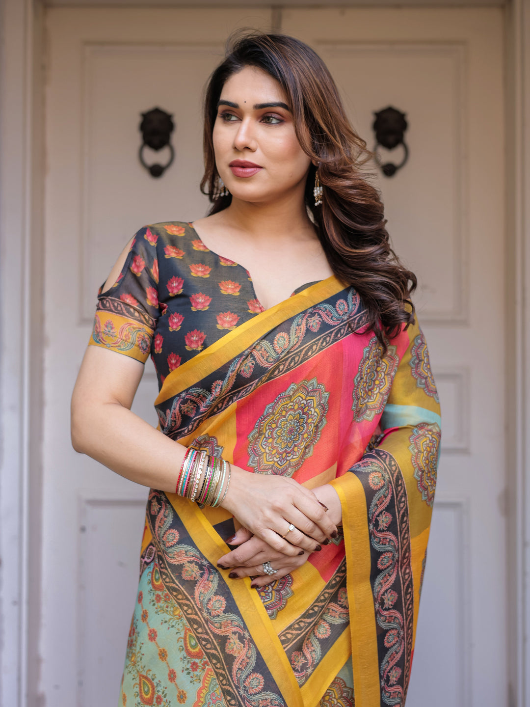Mustard Yellow Multicolor Panel Printed Handloom Cotton Saree with Mandala Pallu, Ornamental Border & Tassels – Traditional Festive Wear