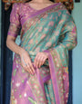 Aqua Green & Lilac Handloom Cotton Saree with Floral Vine Print & Majestic Bird Pallu