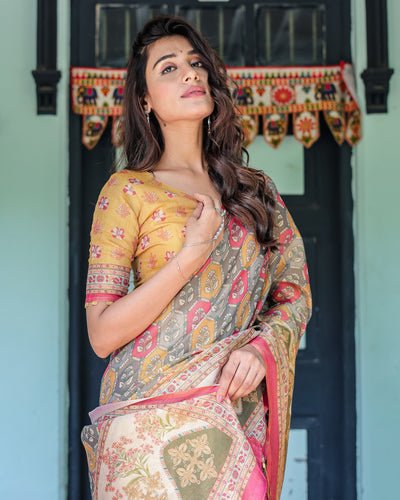 Multicolor Buti & Floral Panel Handloom Cotton Saree with Pink-Green Pallu Art
