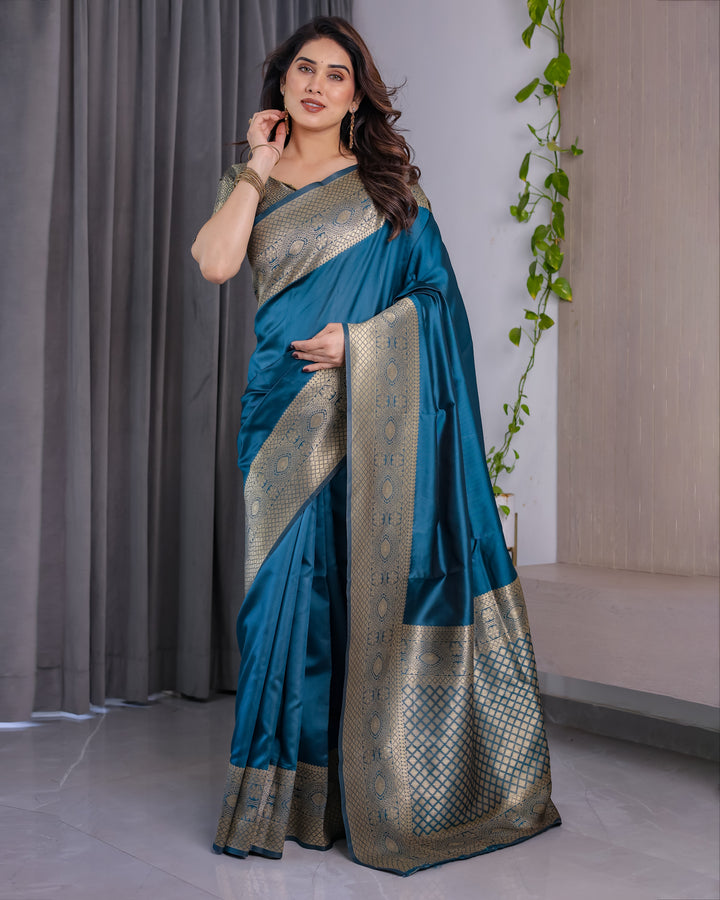 Teal Blue Pure Kanjivaram Silk Saree with Antique Golden Zari Border & Blouse – 5.5m Saree + 0.8m Blouse Piece