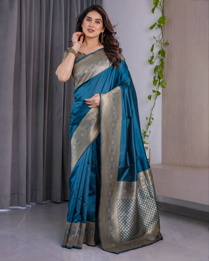 Teal Blue Pure Kanjivaram Silk Saree with Antique Golden Zari Border & Blouse – 5.5m Saree + 0.8m Blouse Piece