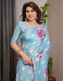 Sky Blue Satin Georgette Polka Dot & Floral Printed Saree with Attached Blouse – Chic Rose Bloom Designer Drape