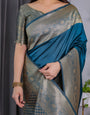 Teal Blue Pure Kanjivaram Silk Saree with Antique Golden Zari Border & Blouse – 5.5m Saree + 0.8m Blouse Piece