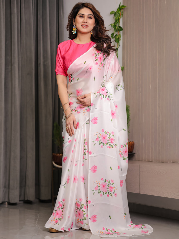 Ivory White Satin Georgette Floral Printed Saree with Pink Blouse – Soft Blossom Designer Drape