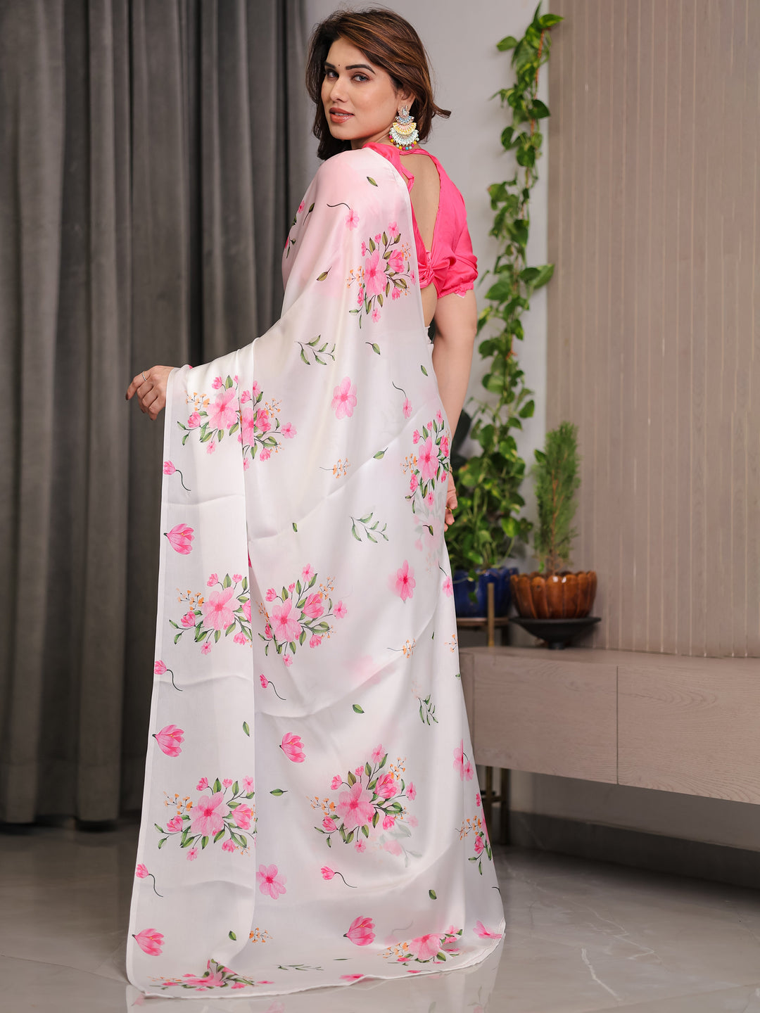 Ivory White Satin Georgette Floral Printed Saree with Pink Blouse – Soft Blossom Designer Drape