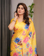 Mustard Yellow Satin Georgette Floral Printed Saree with Attached Blouse – Vibrant Garden Bloom Designer Drape