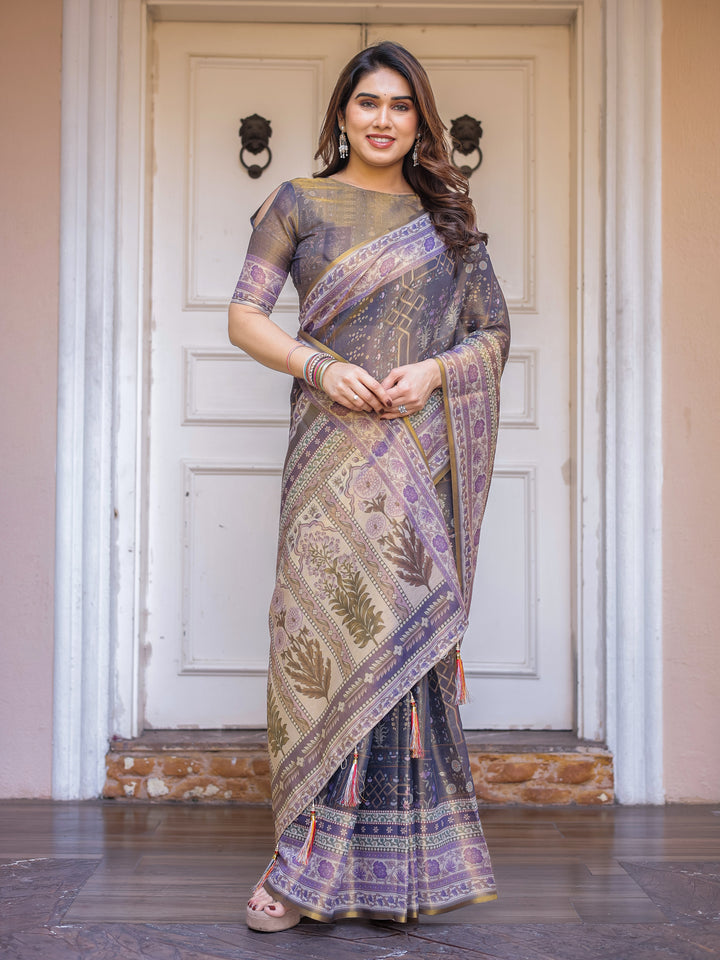 Smoky Grey & Lavender Floral Panel Printed Handloom Cotton Saree with Heritage Border & Tassels – Elegant Traditional Wear
