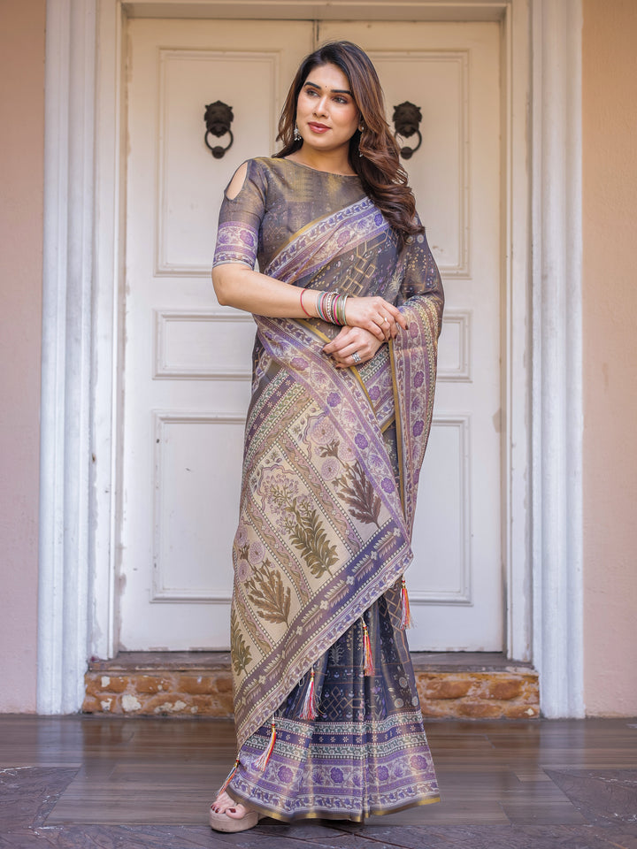 Smoky Grey & Lavender Floral Panel Printed Handloom Cotton Saree with Heritage Border & Tassels – Elegant Traditional Wear