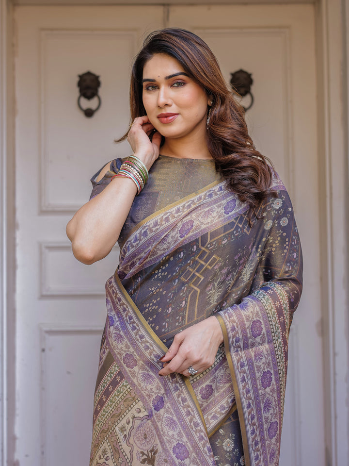 Smoky Grey & Lavender Floral Panel Printed Handloom Cotton Saree with Heritage Border & Tassels – Elegant Traditional Wear