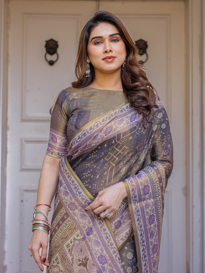Smoky Grey & Lavender Floral Panel Printed Handloom Cotton Saree with Heritage Border & Tassels – Elegant Traditional Wear