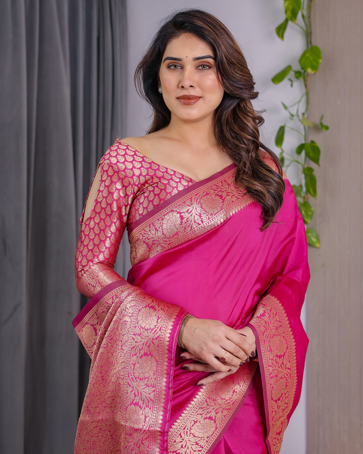 Hot Pink Pure Kanjivaram Silk Saree with Elegant Floral Zari Border & Designer Blouse – 5.5m Saree + 0.8m Blouse Piece