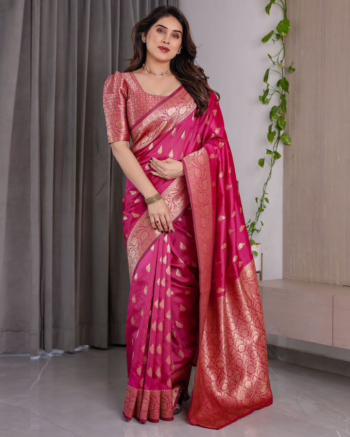 Rani Pink Pure Kanjivaram Silk Saree with Gold Leaf Buttas & Rich Floral Zari Border – 5.5m Saree + 0.8m Blouse Piece