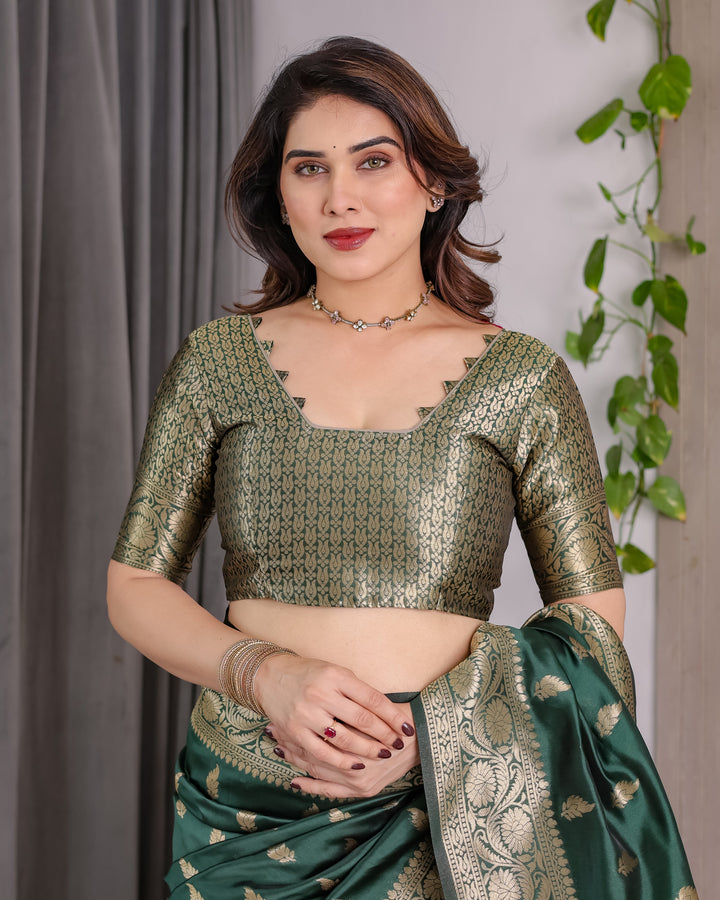Dark Green Pure Kanjivaram Silk Saree with Golden Leaf Motifs & Floral Zari Border – 5.5m Saree + 0.8m Blouse Piece