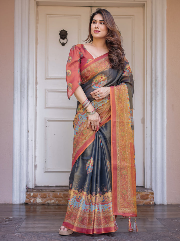 Rust Red & Charcoal Grey Traditional Folk Art Printed Handloom Cotton Saree with Heritage Border & Tassels – Cultural Festive Wear