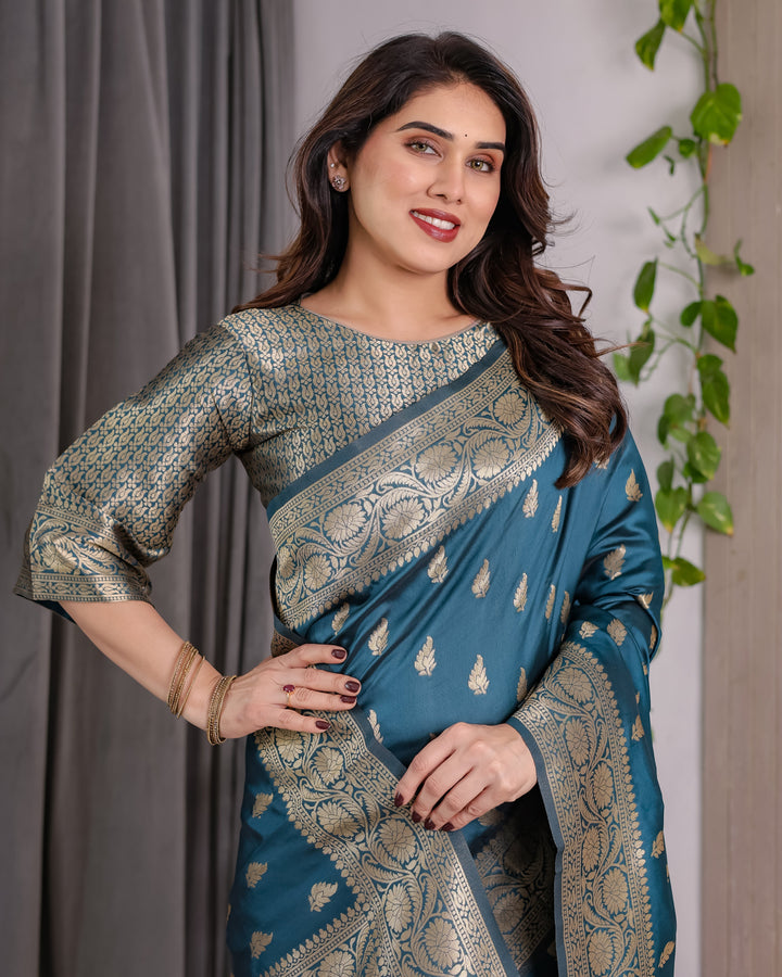 Peacock Blue Pure Kanjivaram Silk Saree with Gold Leaf Motifs & Ornate Floral Zari Border – 5.5m Saree + 0.8m Blouse Piece