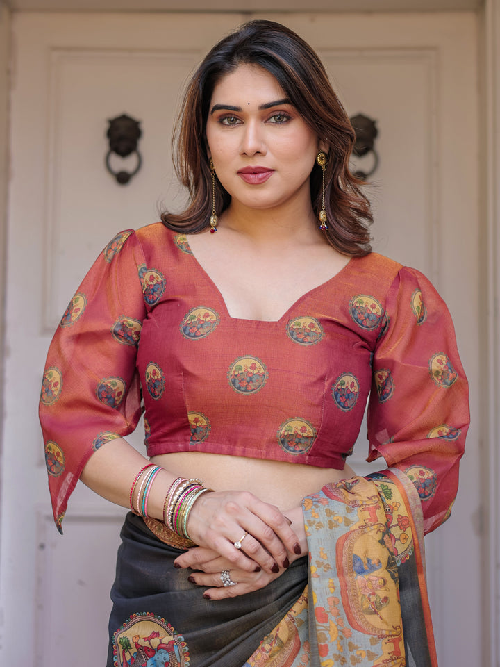 Rust Red & Charcoal Grey Traditional Folk Art Printed Handloom Cotton Saree with Heritage Border & Tassels – Cultural Festive Wear