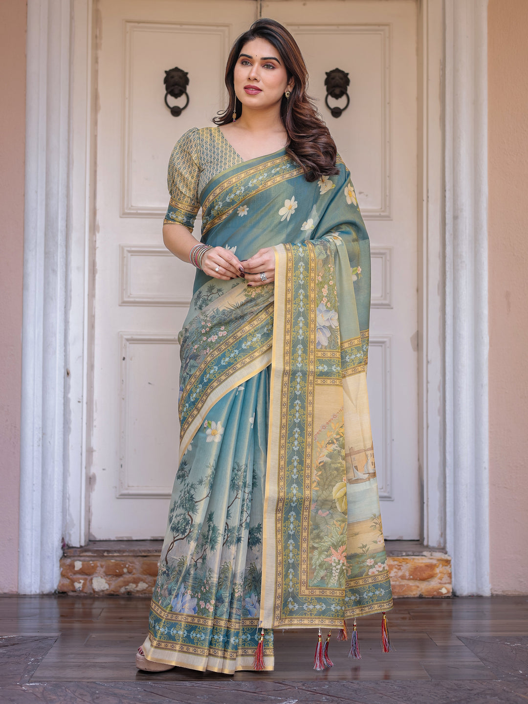 Pastel Sea-Green Scenic Landscape Printed Handloom Cotton Saree with Artistic Pallu & Tassels – Elegant Day Wear