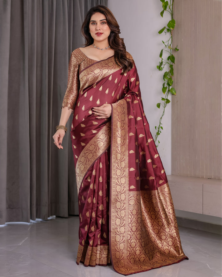 Maroon Pure Kanjivaram Silk Saree with Gold Leaf Motifs & Grand Floral Zari Pallu – 5.5m Saree + 0.8m Blouse Piece
