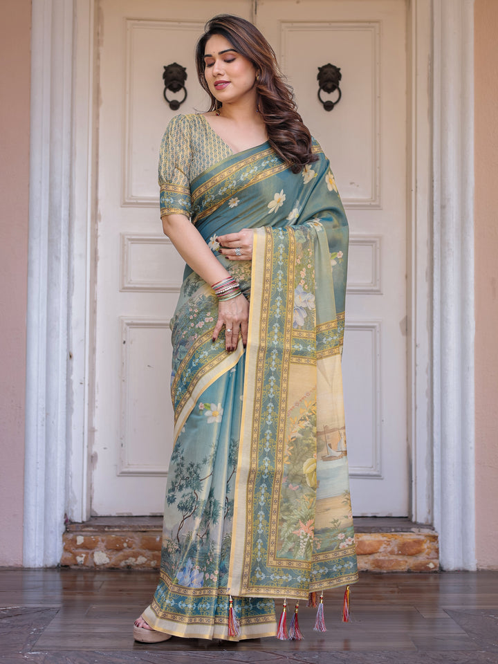 Pastel Sea-Green Scenic Landscape Printed Handloom Cotton Saree with Artistic Pallu & Tassels – Elegant Day Wear