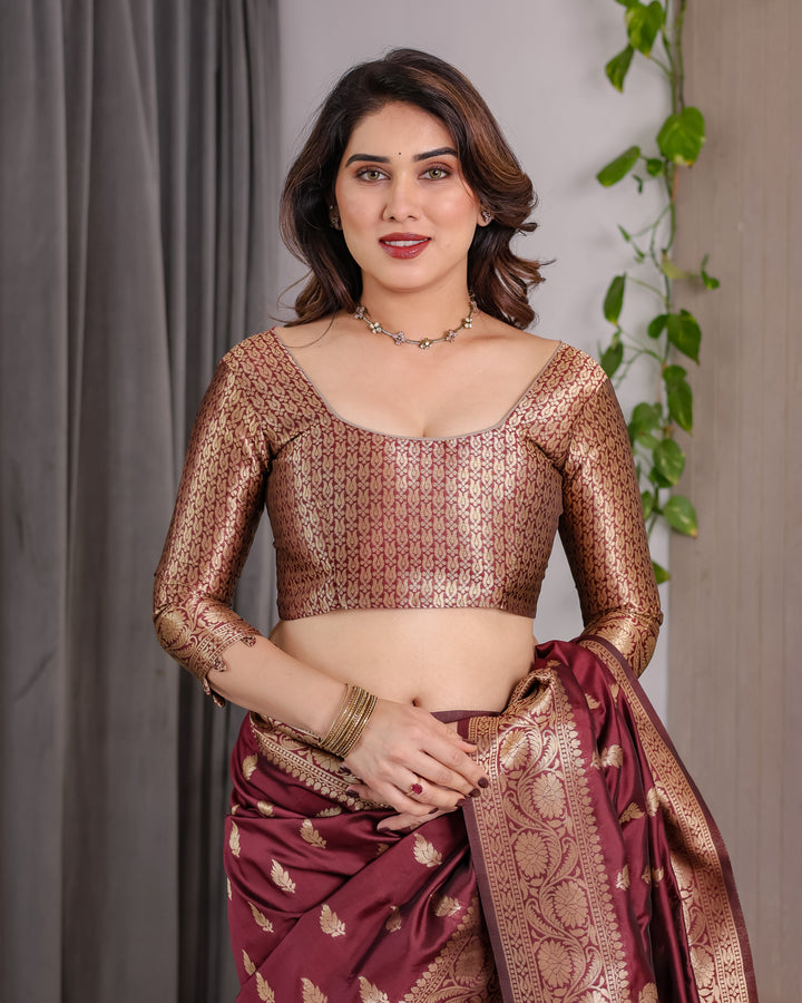 Maroon Pure Kanjivaram Silk Saree with Gold Leaf Motifs & Grand Floral Zari Pallu – 5.5m Saree + 0.8m Blouse Piece