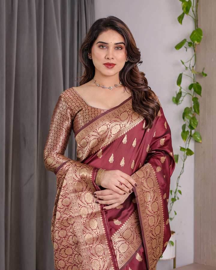 Maroon Pure Kanjivaram Silk Saree with Gold Leaf Motifs & Grand Floral Zari Pallu – 5.5m Saree + 0.8m Blouse Piece